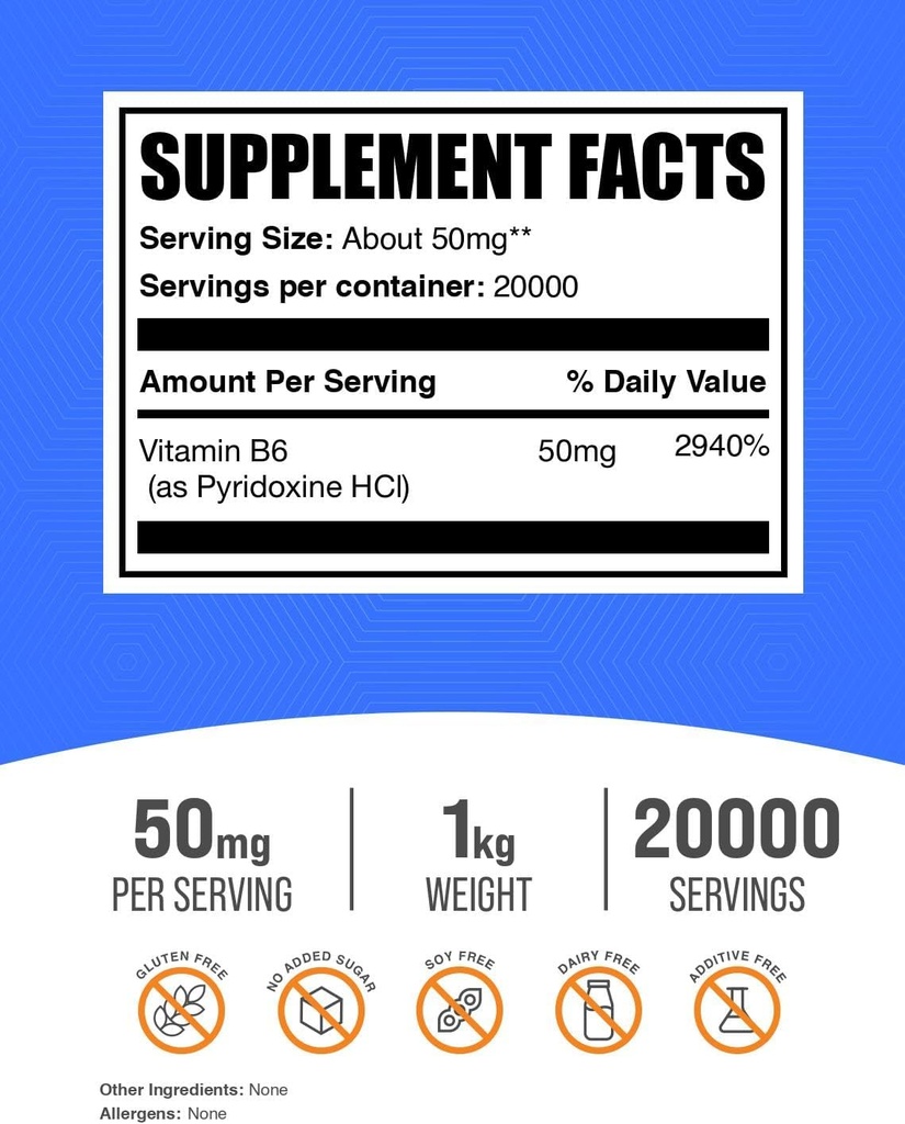 BulkSupplements.com Pyridoxine HCl Powder - Vitamin B6 Supplement, Vitamin Supplement - Gluten Free, 50mg of Pyridoxine B6 per Serving, 1kg (2.2 lbs) (Pack of 1) 3