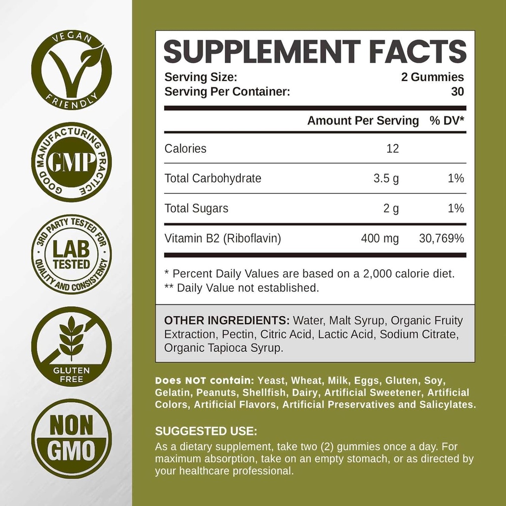 Vitamin B2 Gummies Riboflavin 400mg, B2 Vitamin Chewable Supplement, Vegan, Non GMO, Orange Flavor, 60 Count 3