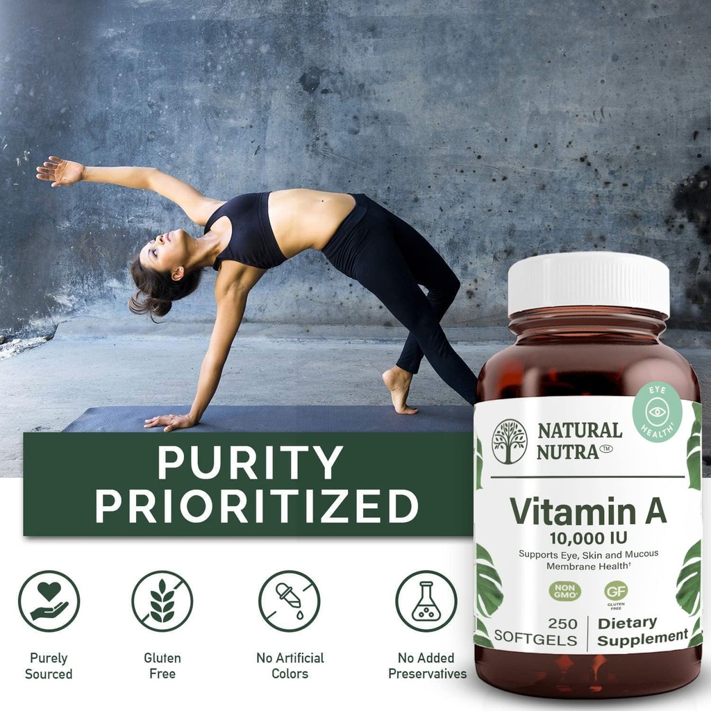 Natural Nutra Vitamin A 10,000 IU Softgels – High Potency Eye and Skin Vitamins – Gluten-Free Vitamin A Supplement for Sight & Skin Health – Fish Liver Oil for Men and Women, Gluten Free, 250 Softgels 5