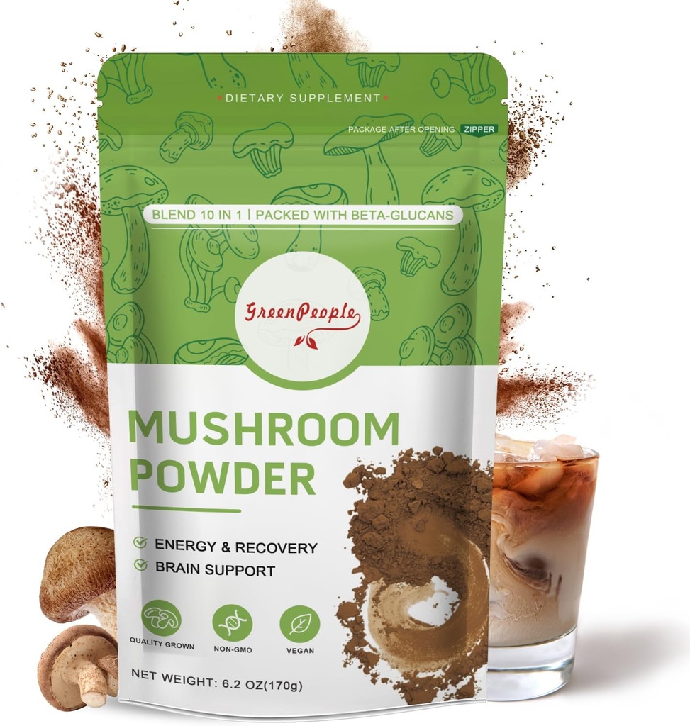 GREENPEOPLE Mushroom Powder Mushroom Supplement - 10-in-1 Mushrooms Lions Mane Powder with Reishi/Cordyceps/Chaga/Turkey Tail/Maitake/Complex for Cognitive Function & Immune Support 60 Servings 2