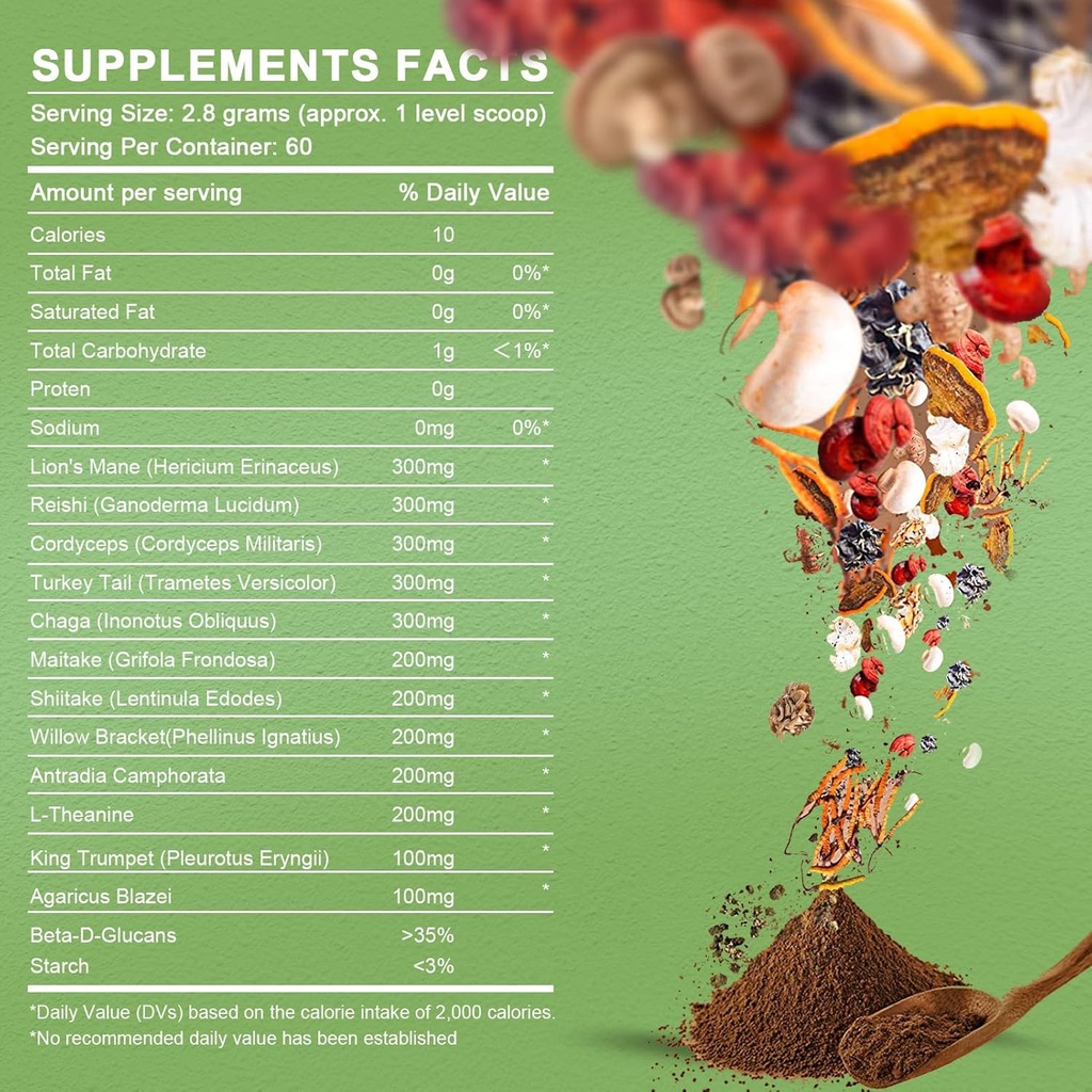 GREENPEOPLE Mushroom Powder Mushroom Supplement - 10-in-1 Mushrooms Lions Mane Powder with Reishi/Cordyceps/Chaga/Turkey Tail/Maitake/Complex for Cognitive Function & Immune Support 60 Servings 6