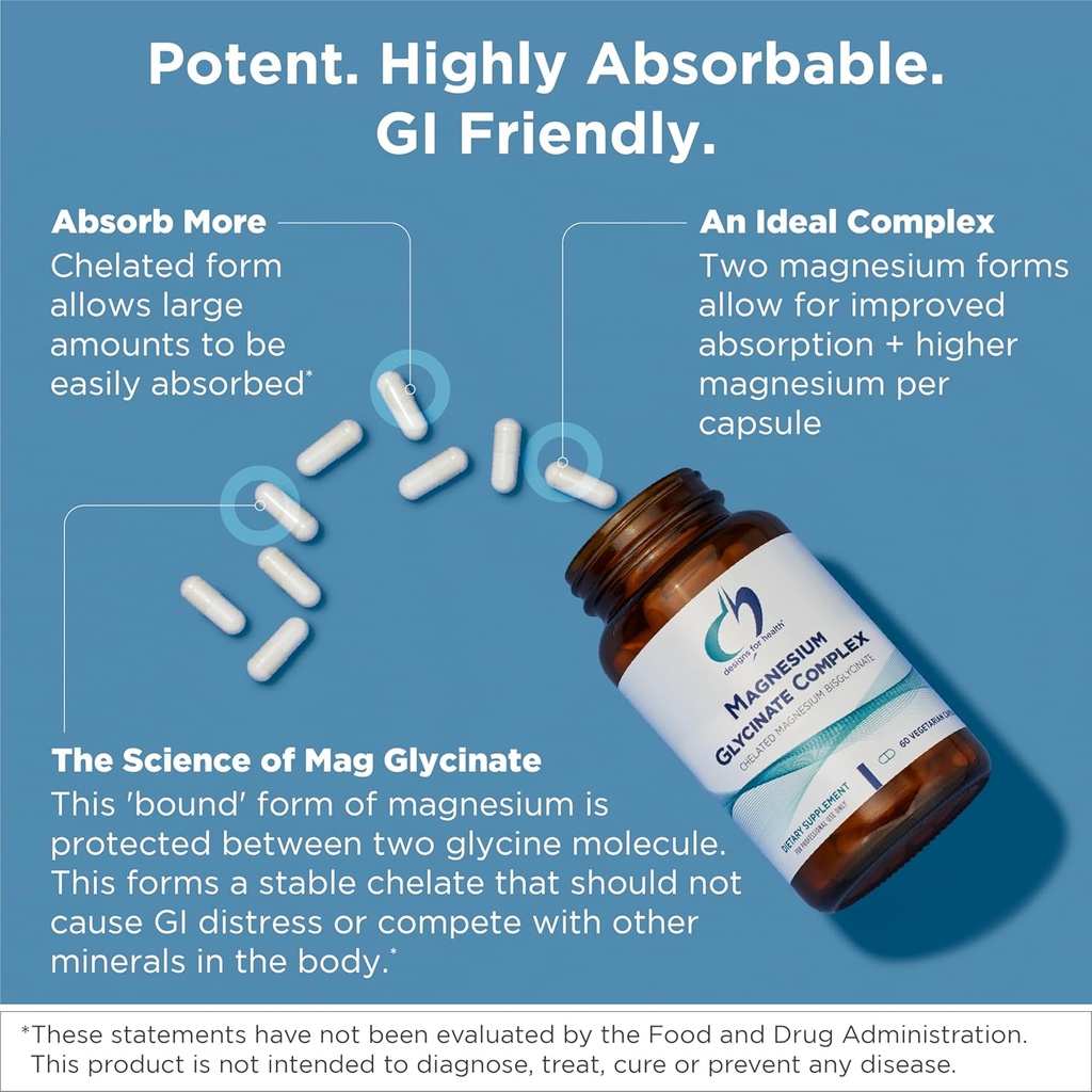 Designs for Health Magnesium Glycinate Complex - Chelated Magnesium Bisglycinate + High Absorption Magnesium for Calming & Sleep, Heart Health, Immune Support & Bone Strength - Vegan (60 Capsules) 4