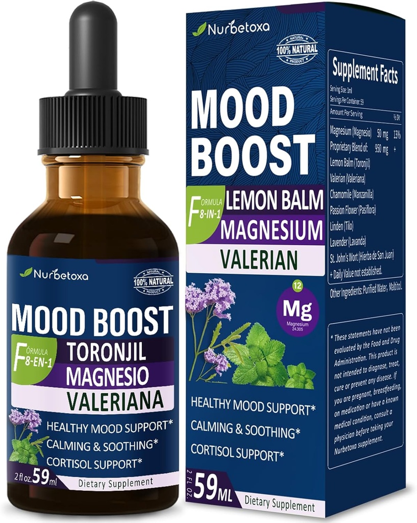 Lemon Balm Mood Boost Drops, Gotas de Citrato de Magnesio, Toronjil y Valeriana para Dormir y Ansiedad, Natural Calm, Cortisol Balance, Promotes Relaxation w/Magnesium Extract Liquid.2oz 2