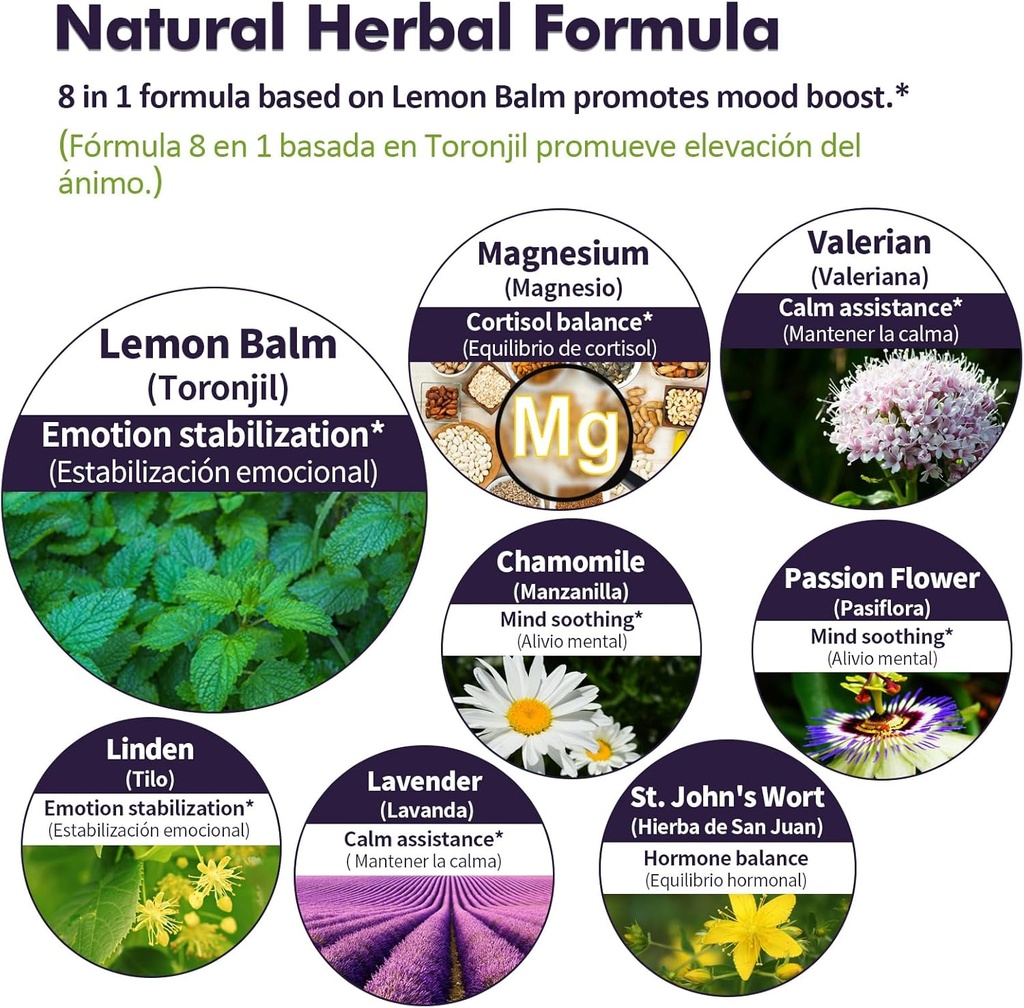 Lemon Balm Mood Boost Drops, Gotas de Citrato de Magnesio, Toronjil y Valeriana para Dormir y Ansiedad, Natural Calm, Cortisol Balance, Promotes Relaxation w/Magnesium Extract Liquid.2oz 4