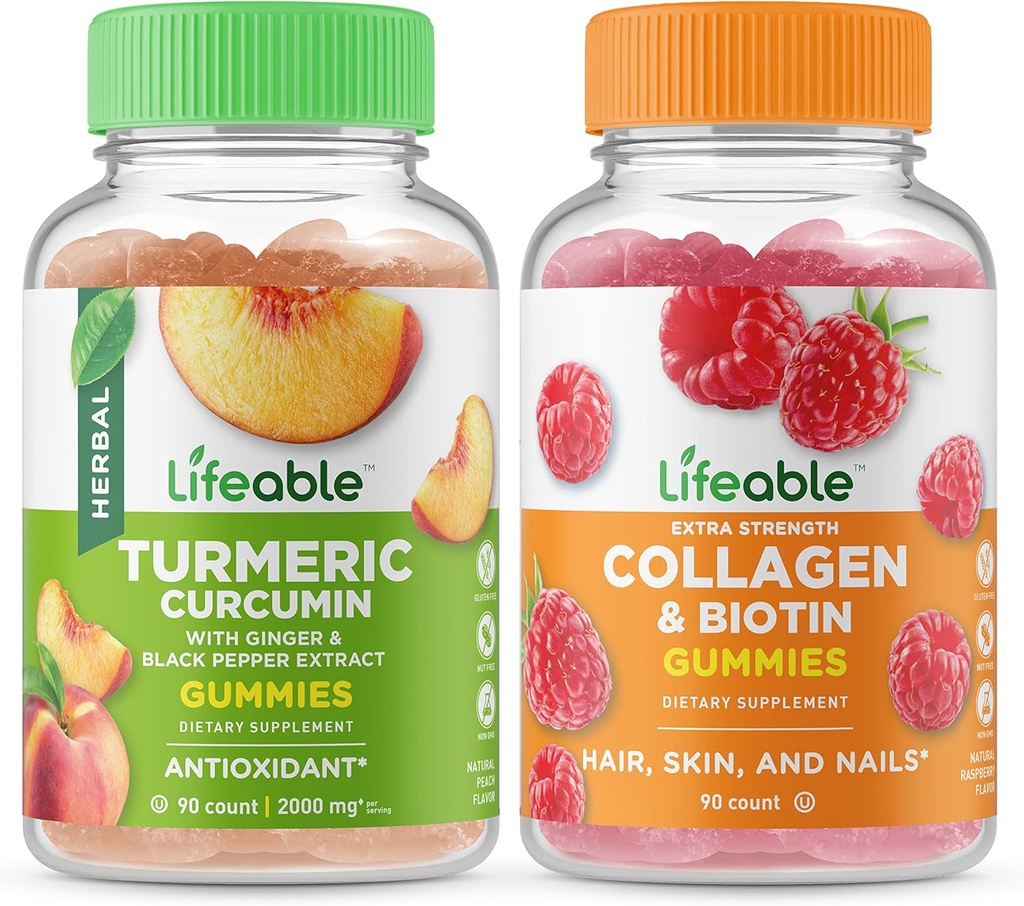 Lifeable Turmeric Curcumin + Collagen & Biotin, Gummies Bundle - Great Tasting, Vitamin Supplement, Gluten Free, GMO Free, Chewable Gummy 2