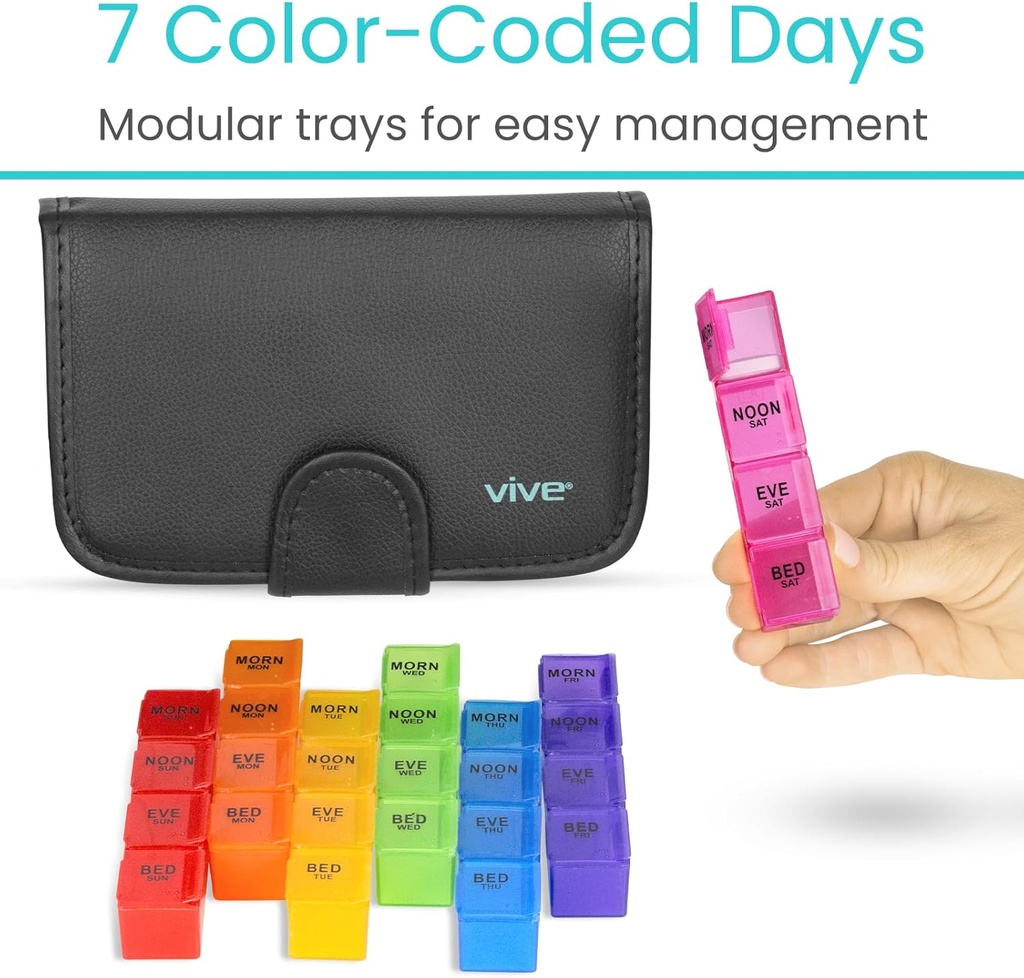 Vive Weekly Pill Organizer 4 Times a Day - 7 Days Pill Boxes for Morning, Noon, Evening, Night - Extra Large Medicine, Vitamin & Supplement Dispenser with Premium Leather Case and Splitter Cutter 4