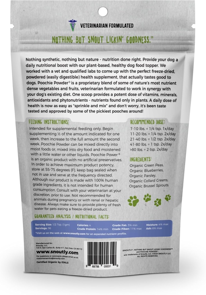 Snoutly Poochie Powder: USDA Certified Organic Dog Supplement & Super Multivitamin - Mother Nature's Vitamins & Minerals for All Dogs & All Ages, Nutritional & Digestion Support, RAW Superfood 5