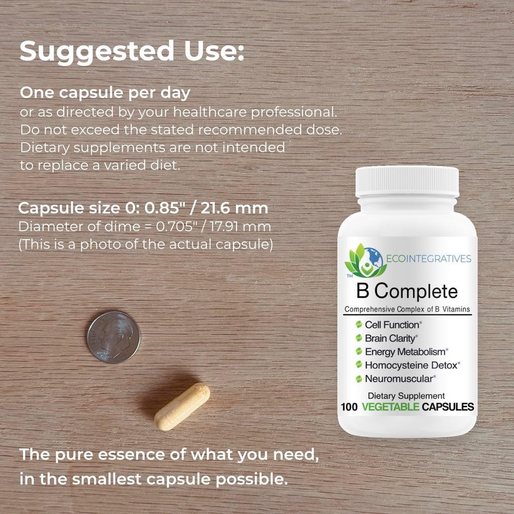B Complete with Folate, All Vitamins B1, B2, B3, B5, B6, B7, B9, B12, and Choline Bitartrate for Energy, Brain Clarity, Neuro, Metabolism 100 Vegan Capsules 6