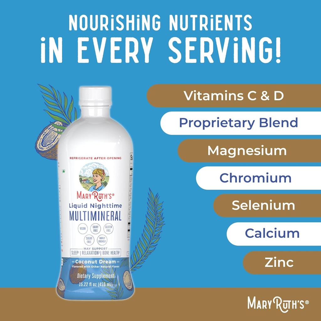 MaryRuth's Liquid Nighttime Multimineral (Coconut, 32oz) & Women's Multivitamin + Hair Growth Liposomal (Peach) | Clean Label Project Verified® | Vegan | Beauty, Bedtime Routine, & Overall Health 5