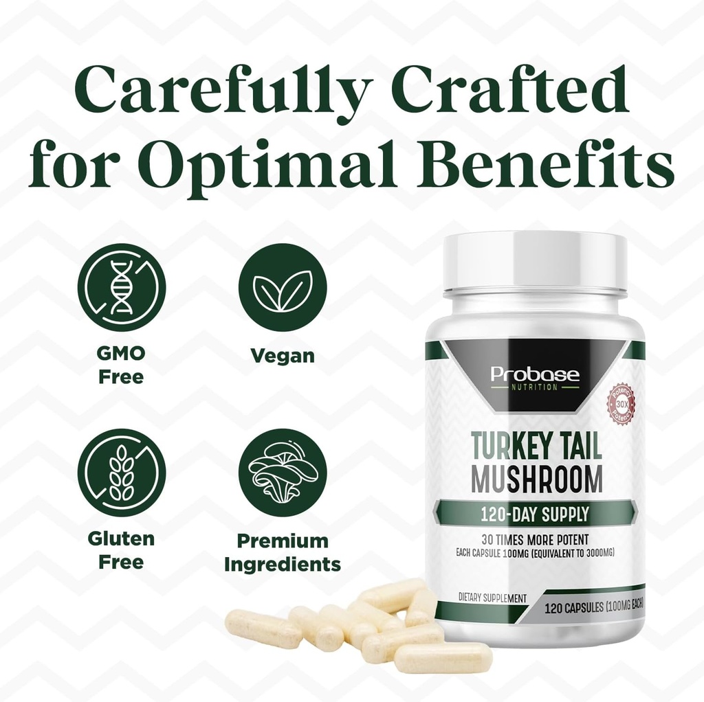 Probase Nutrition Premium Turkey Tail Mushroom Capsules Turkey Tail Supplement with Real Mushroom Extract Coriolus Versicolor 4 Month Supply 120 Capsules 6