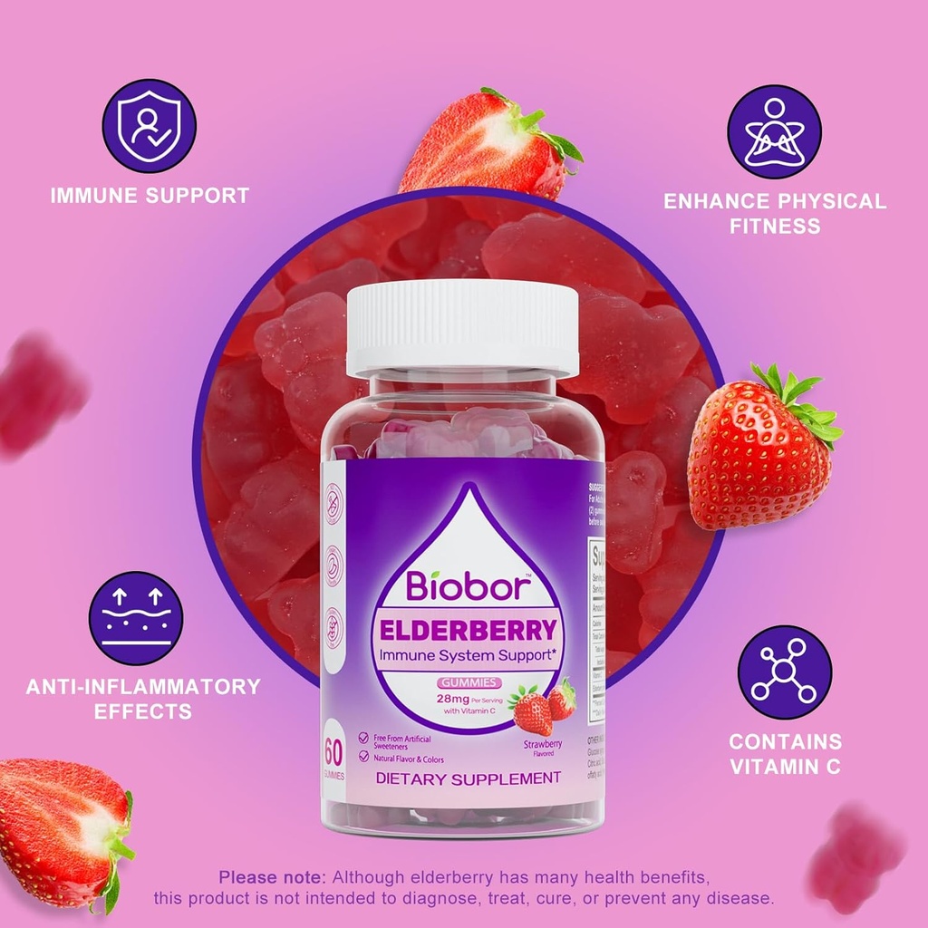 Natural Elderberry Gummies, Daily Immune Support Gummies with Vitamins C for Adults and Children Ages 4 Up, Gluten Free Vegan Elderberry Supplement (Strawberry, 60 Count) 6