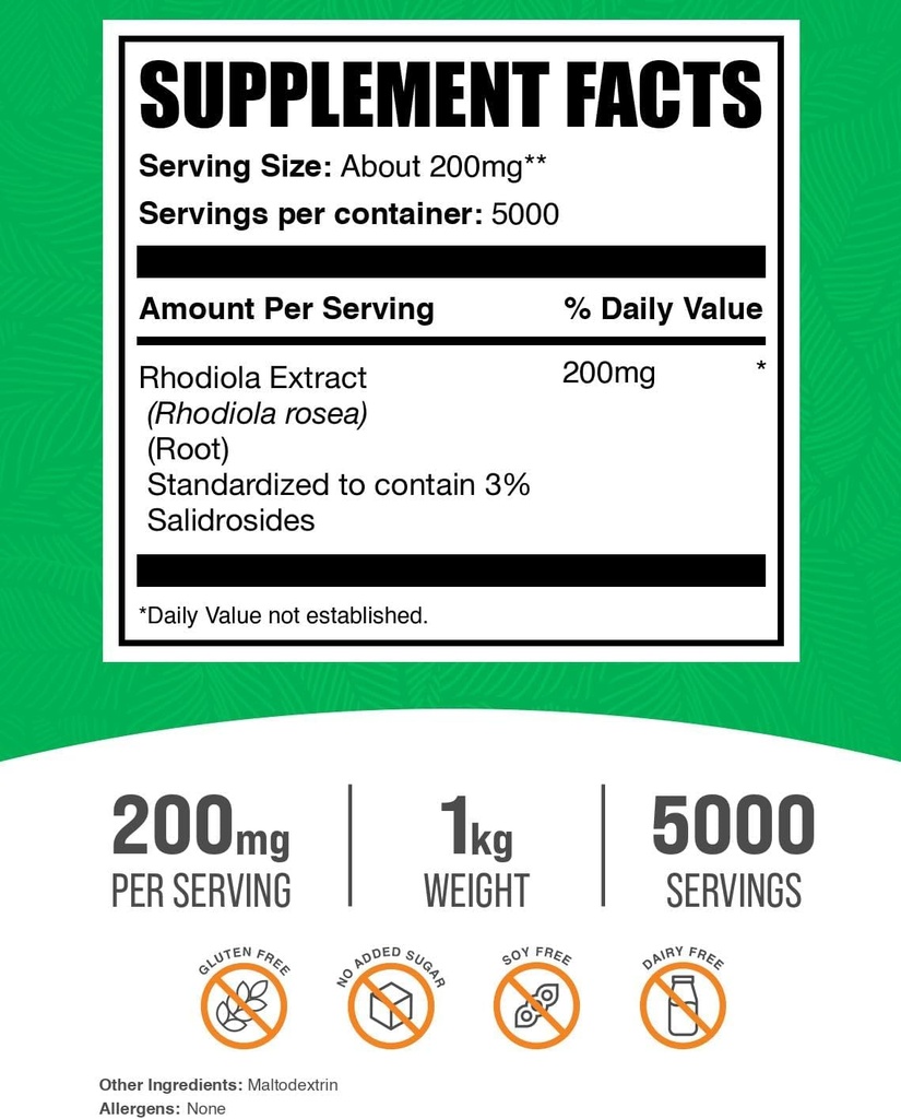 BulkSupplements.com Rhodiola Extract Powder - 3% Salidrosides, Rhodiola Rosea Extract - Herbal Supplement, Gluten Free, 200mg per Serving, 1kg (2.2 lbs) (Pack of 1) 3