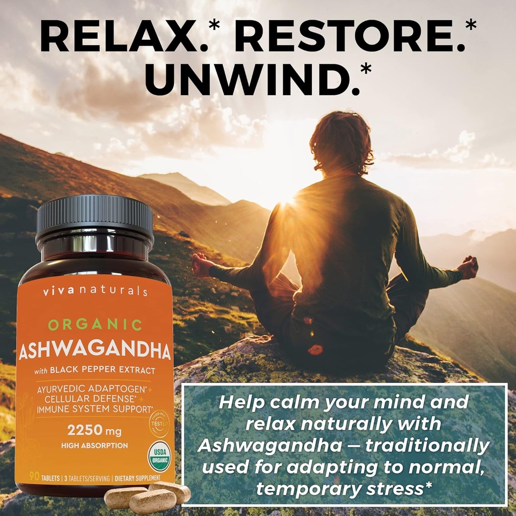 Organic Ashwagandha Supplement with Black Pepper - Includes 2250 mg Ashwagandha Root Powder & Organic Black Pepper for Superior Absorption (90 Tablets), Antioxidant & Immune Support 3