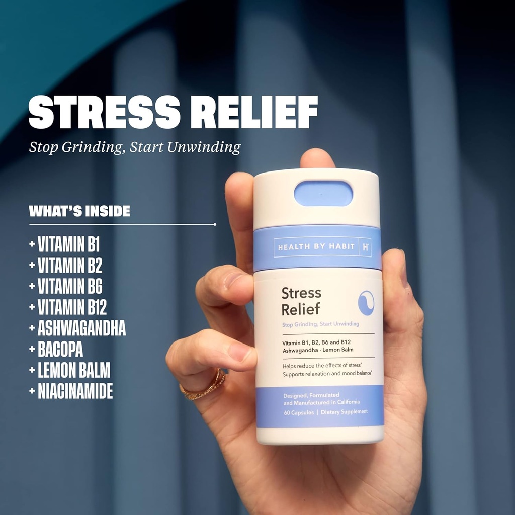 Health by Habit Stress Relief Supplement (60 Capsules) - Vitamin B, Zen, Lemon Balm, Supports Relaxation, Mood Balance, Reduce Stress, Non-GMO, Sugar Free (1 Pack) 4