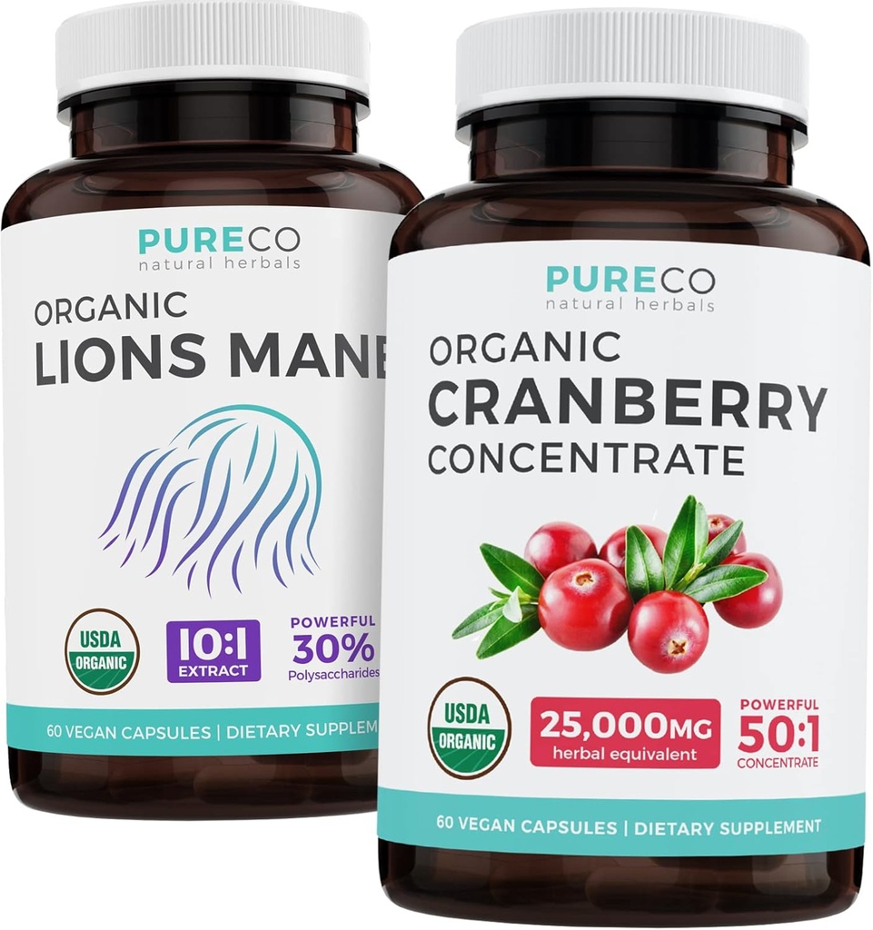 Save $4 (12% off) - Mind & Body Bundle - Organic Cranberry Concentrate (50:1 Concentrate - Equals 25,000mg of Fresh Cranberries) and Organic Lions Mane (10:1 Extract - Equals 10,000mg of Mushrooms) 2