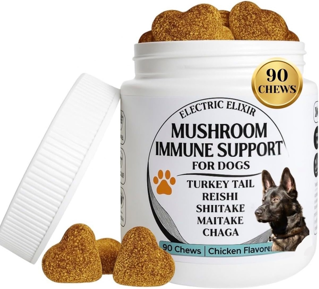 Dogs Immune Support Mushroom Supplement - Supports Longevity, Cognition, Joint, Cellular & Gut Health - All Natural Organic, GrainFree - Aid for Lumps and Bumps, Chicken Flavor - 90 Chews 2