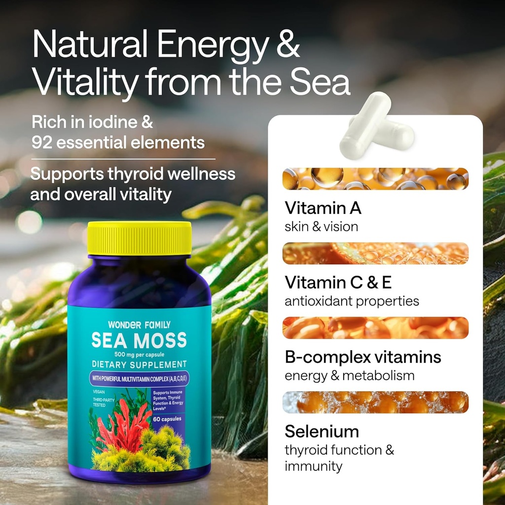 Wildcrafted Irish Sea Moss Capsules – Chondrus Crispus or True Sea Moss Advanced with Biotin, Niacinamide, Vitamins – Multimineral Supplement – Alternative to Irish Seamoss Gel – 60 Seamoss Pills 4