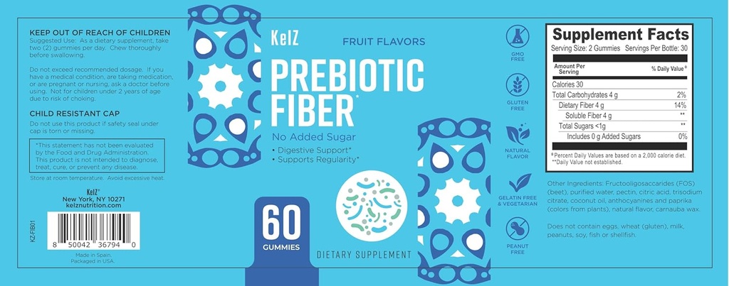 KelZ Prebiotic Fiber Supplement Gummies, Fruit Flavors, 60 Count (Pack of 1) 3