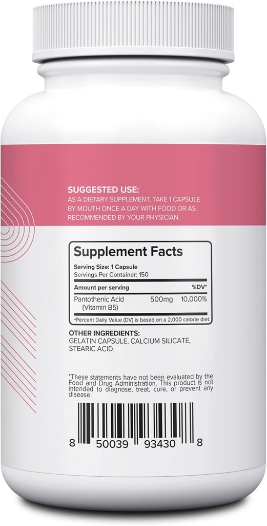 NUI NUTRA Pantothenic Acid (Vitamin B5) Supplement 500mg, 150 Capsules - Supports Energy, Focus, Digestive System, & Healthy Skin 3