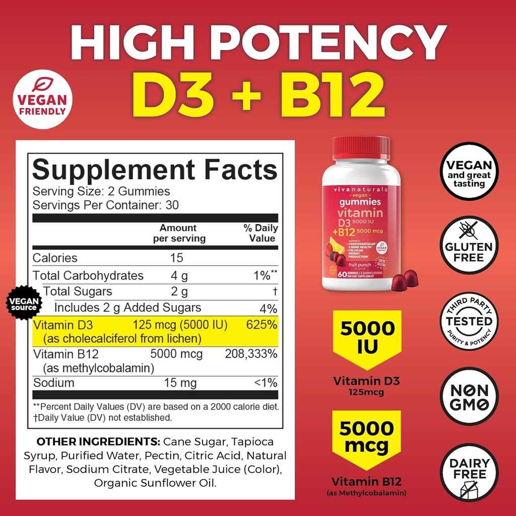 Vitamin B12 Gummies for Adults 5000mcg with Vitamin D3 5000 IU - Chewable B12 Vitamin 5000 MCG Gummies for Women, Vitamin D and B12 Gummy Vitamin 3