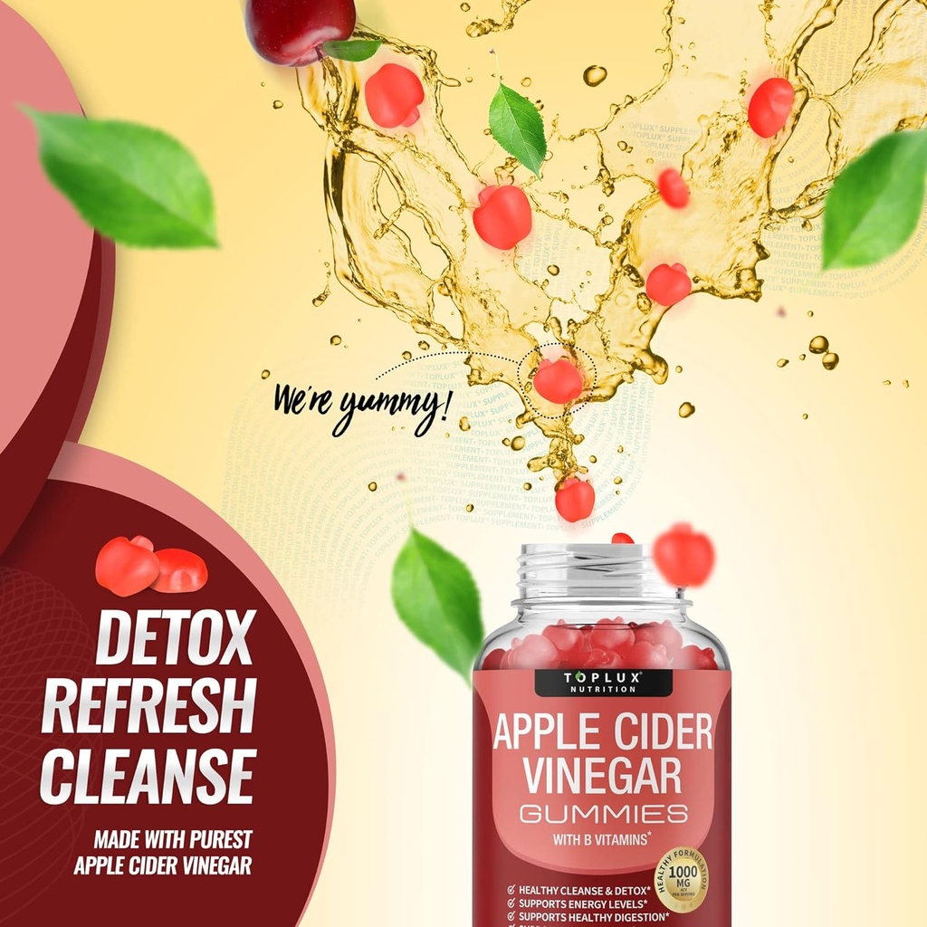 Toplux Apple Cider Vinegar Gummies - 1000mg ACV with B12, Beet Root, Pomegranate for Immune System, Detox & Cleanse, Gummy Alternative to Apple Cider Vinegar Capsules, for Men Women, 60 Gummies 6