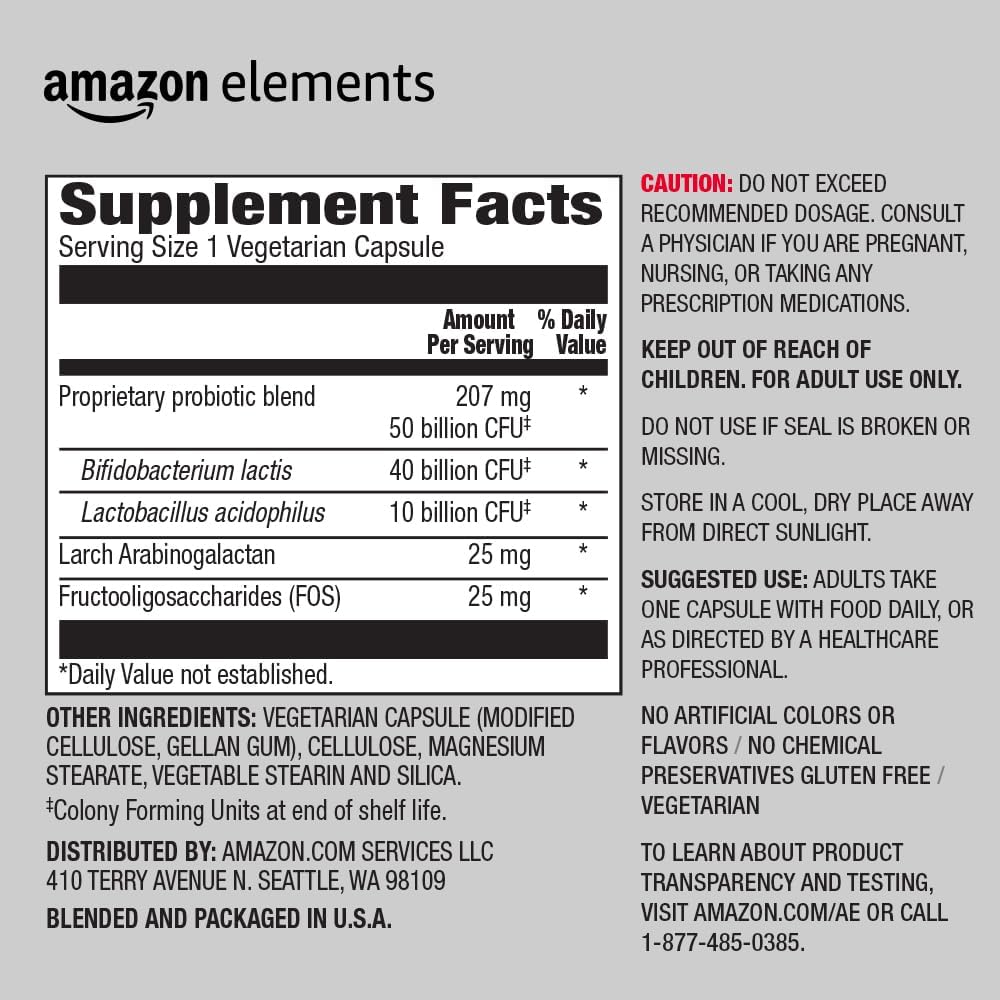 Elements One Daily Adult Probiotic Blend, Supports Healthy Colon and Immune Function, 50 Billion CFU (2 Strains), 30 Capsules, 1 Month Supply (Packaging May Vary) 4
