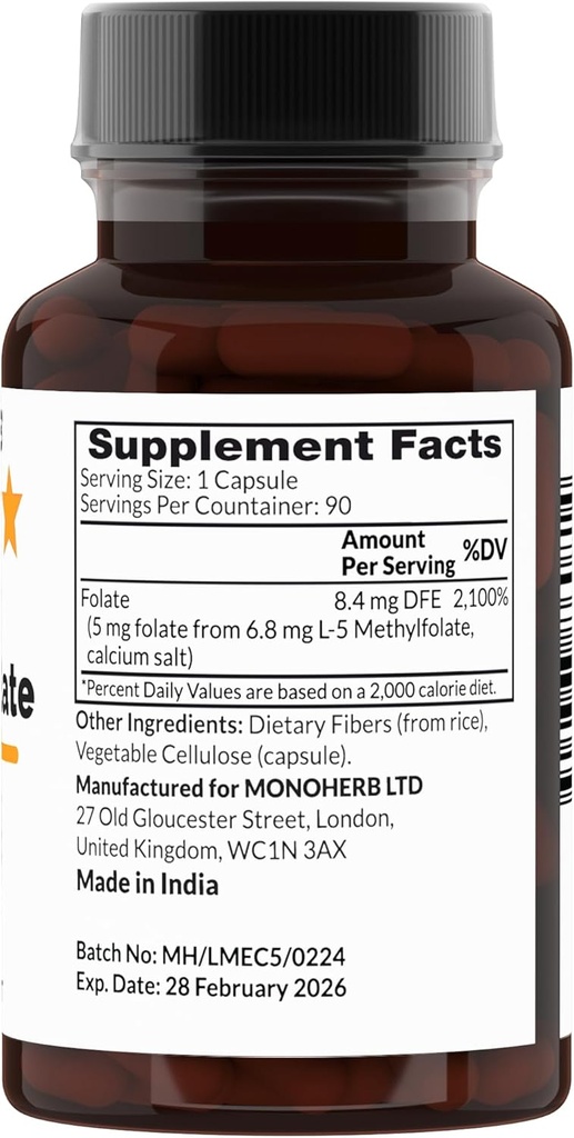 MONOHERB L-Methylfolate 5-MTHF 5 mg - 90 Vegetarian Capsules - Methyl Folate Supplement 3