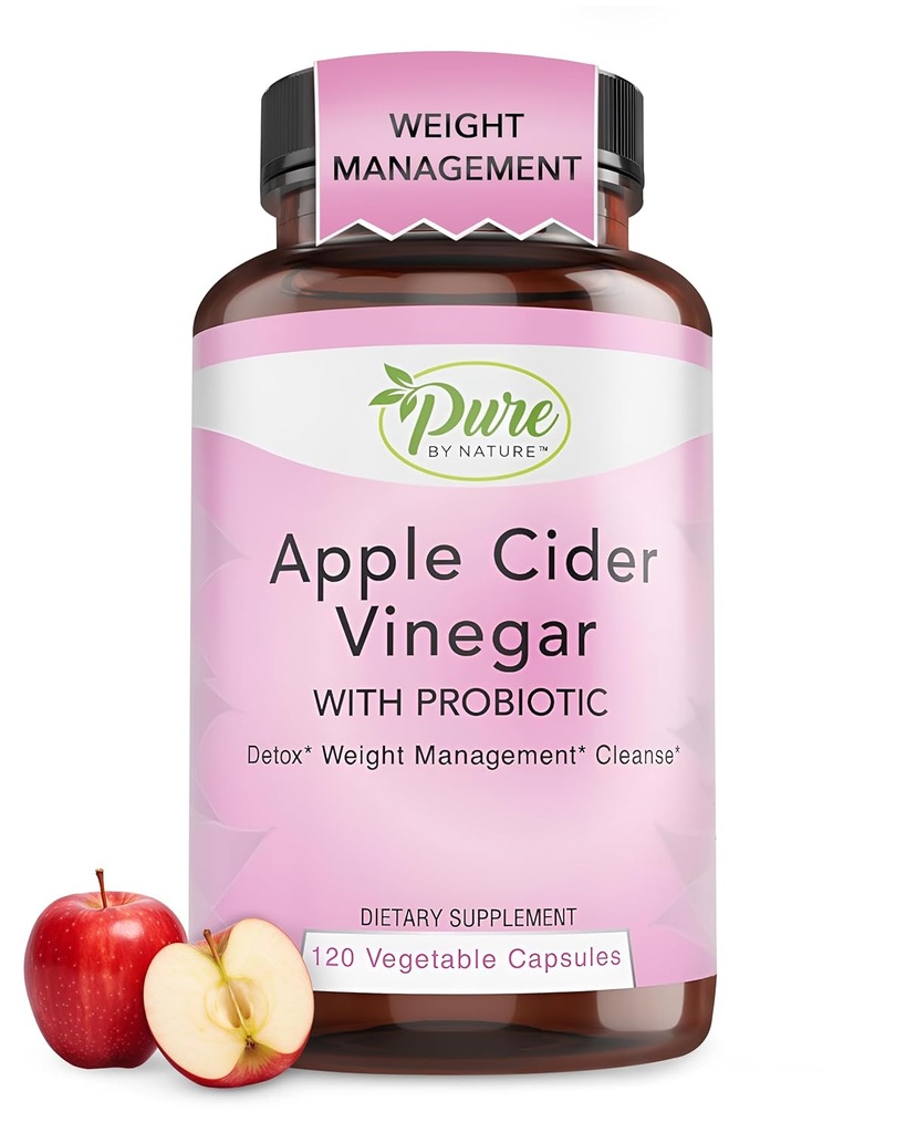 Pure By Nature Apple Cider Vinegar + Probiotic for Women & Men, Raw Apple Cider Vinegar Pills for Weight Management Support & Cleanse Support (120 Capsules) 2