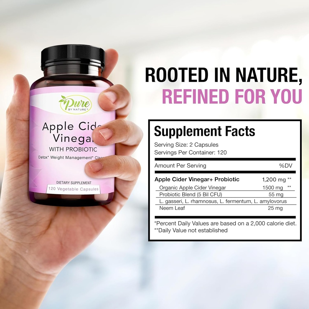 Pure By Nature Apple Cider Vinegar + Probiotic for Women & Men, Raw Apple Cider Vinegar Pills for Weight Management Support & Cleanse Support (120 Capsules) 3