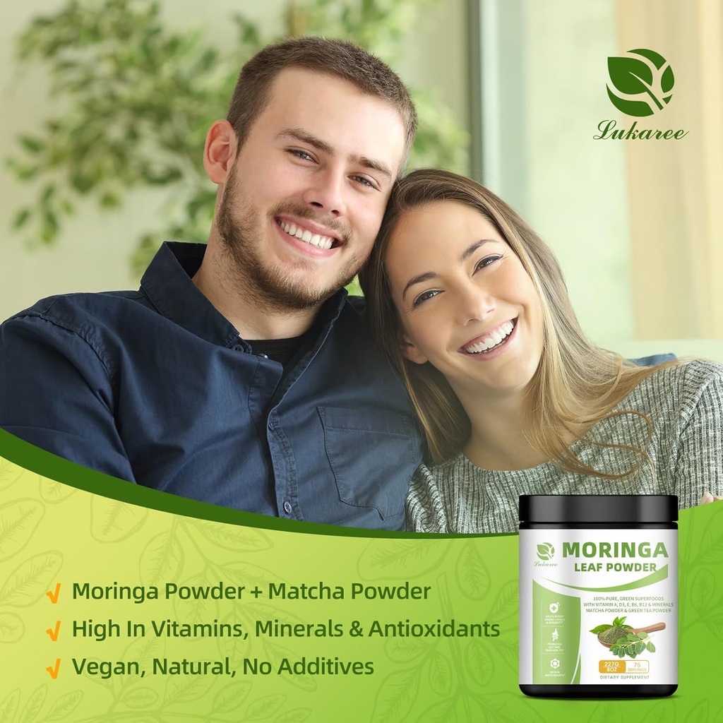 Organic Moringa Powder & Matcha Powder, Multi-Green Superfoods with Green Tea Resveratrol - Energy and Digestive Support, Rich in Antioxidants and Vitamin A D3 E B6 B12 Calcium, Non-GMO, Vegan, 16 oz 6