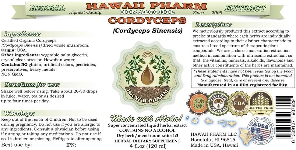Cordyceps Alcohol-Free Liquid Extract, Cordyceps (Cordyceps Sinensis) Mushroom Glycerite Hawaii Pharm Natural Herbal Supplement 2x4 oz 3