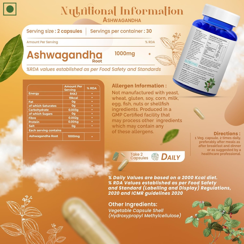 Natural Ashwagandha Capsules 1000mg Herbal Sleep Aid Supplement for Men & Women Adults, Helps Fight Stress Support Energy & Mood, Promote Mind Restfulness - 60 Vegan Capsule 3
