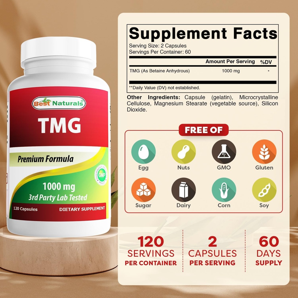 Best Naturals TMG Trimethylglycine (as Betaine Anhydrous) 1000 mg Serving - 120 Capsules - Healthy Homocysteine Levels & Methylation Support (120 Count (Pack of 2)) 3