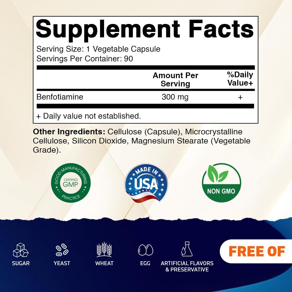 Vitamatic Benfotiamine 300 mg – Fat-Soluble Vitamin B1 – 90 Vegetarian Capsules per Bottle – 2 Bottles (Total 180 Capsules) 3