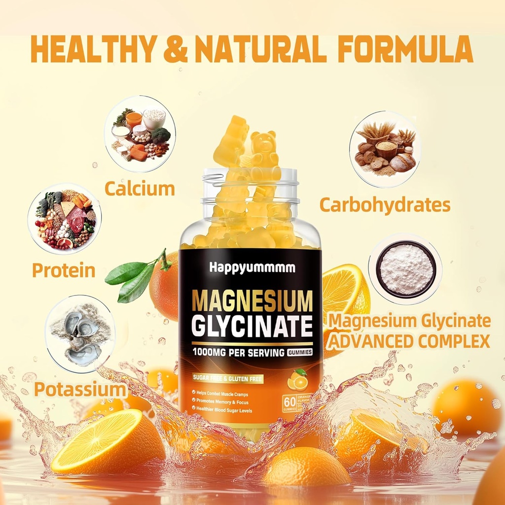 Magnesium Glycinate Gummies 1000mg - Sugar Free Magnesium Potassium Supplement with Vitamin D, B6, CoQ10 for Calm Mood & Sleep Support - 120 Orange Gummies. 3