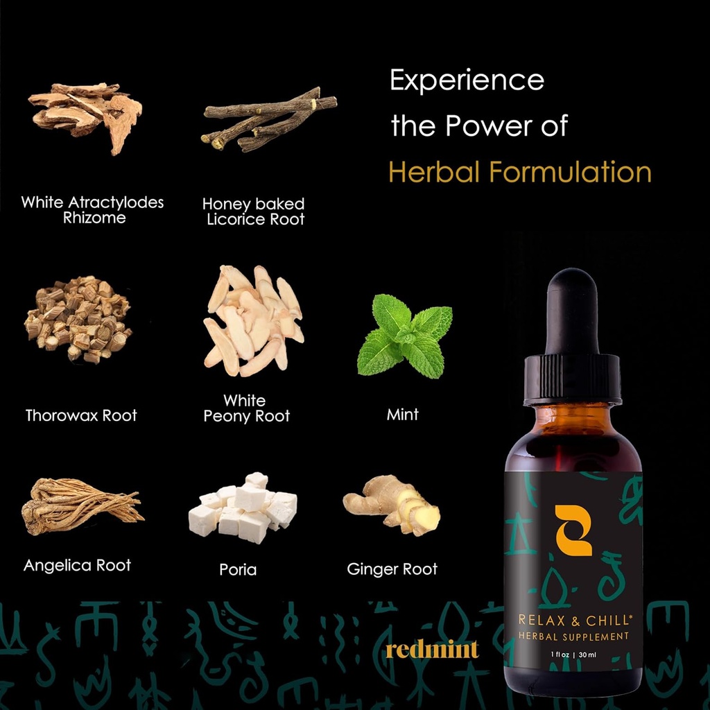 Redmint Relax & Chill Herbal Tincture | Natural Mood Support and Calmness Herbal Supplement for Women Wellness | Rooted in Ancient TCM Wisdom with Xiao Yao San to Promote Relaxation & Peace| 30 ml 6