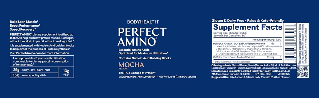 BodyHealth PerfectAmino Powder - BCAA and EAA Powder for Pre and Post Workout - Amino Acid Energy Drink for Men and Women to Support Lean Muscle and Recovery - Mocha - 30 Servings 4