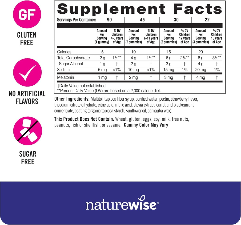 NatureWise Kids Melatonin 1 mg Sugar-Free Gummies for Children Ages 4 & Up - Non-Habit Forming Sleep Aid - Strawberry Flavored - Vegan, No Gluten, Non-GMO - 90 Count[3-Month Supply] 4