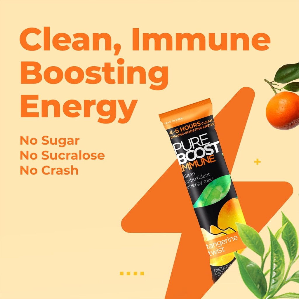 Pureboost Immune Clean Energy Booster, Refreshing Energy Drink Mix and Immunity Supplement with Elderberry, 1,200 mg Vitamin C, Vitamins A + D, and Zinc. (Tangerine Twist, 30 Count) 4