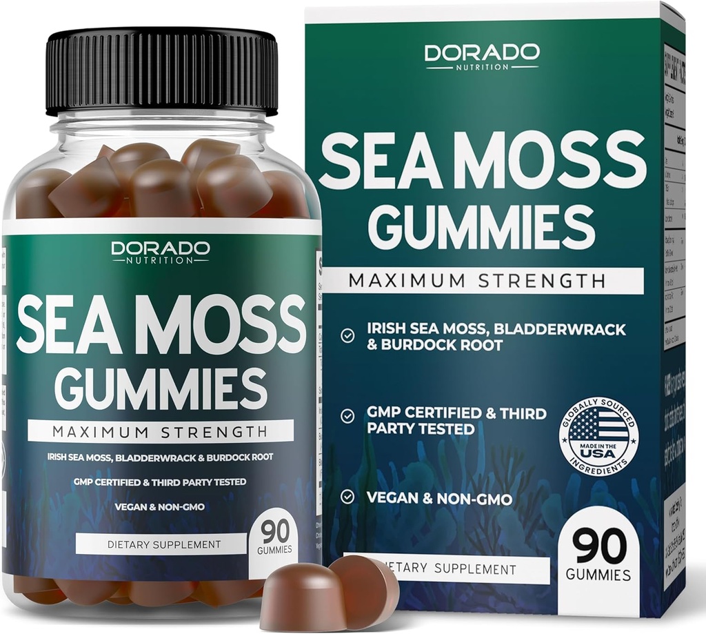 Irish Sea Moss Gummies 3000mg (90 Gummies with Bladderwrack & Burdock Root - Raw Seamoss for Thyroid, Energy, & Immune Support) Third Party Tested, Vegan Safe, No Fillers & Made in USA 2