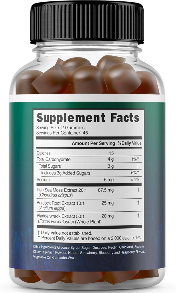 Irish Sea Moss Gummies 3000mg (90 Gummies with Bladderwrack & Burdock Root - Raw Seamoss for Thyroid, Energy, & Immune Support) Third Party Tested, Vegan Safe, No Fillers & Made in USA 3