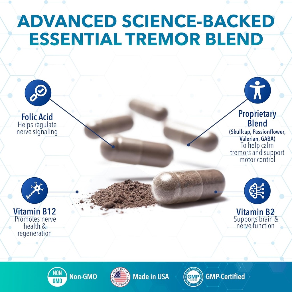 Tremanol Natural Aid Essential Tremor Relief Herbal Supplement for Neurological Support - Includes Vitamin B2 & B12, Passionflower & Skullcap for Hand Tremor Aids - Made in USA, 60 Caps (Pack of 3) 4