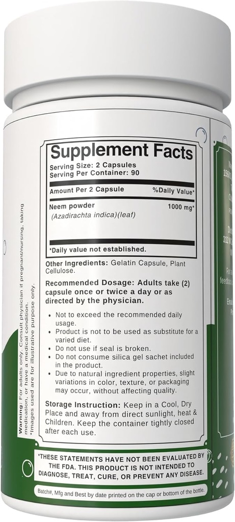 Neem Leaf Capsules 1000mg | Azadirachta Indica Natural Neem Leaf Powder | Non-GMO, Gluten-Free | Easy-to-Swallow Herbal Supplement | Traditional Botanical (180 Count (Pack of 1)) 3