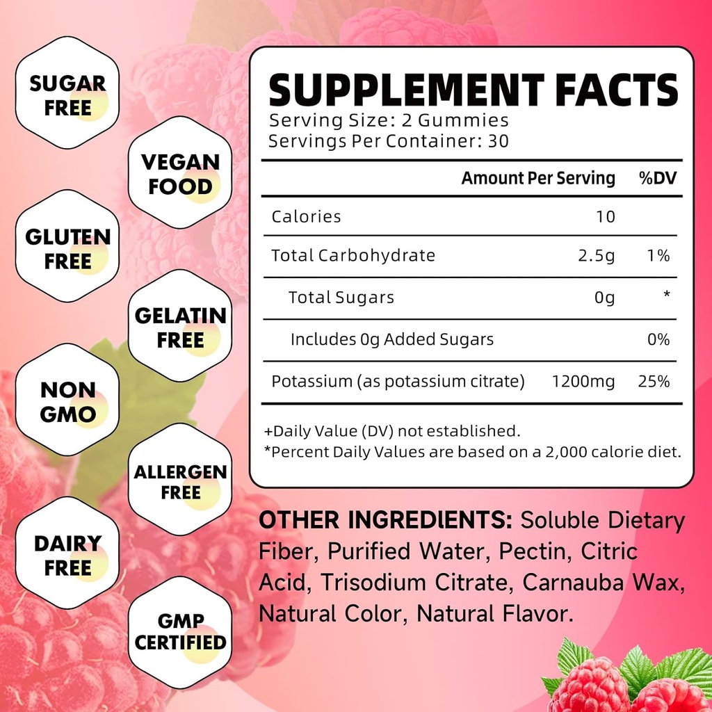 Potassium Citrate Gummies, High Potassium Supplement Gummies 1200mg Support Leg Cramps & Muscle Health, Potassium Gummies for Adults & Kids, Vegan, Raspberry Flavor 60 Count 3