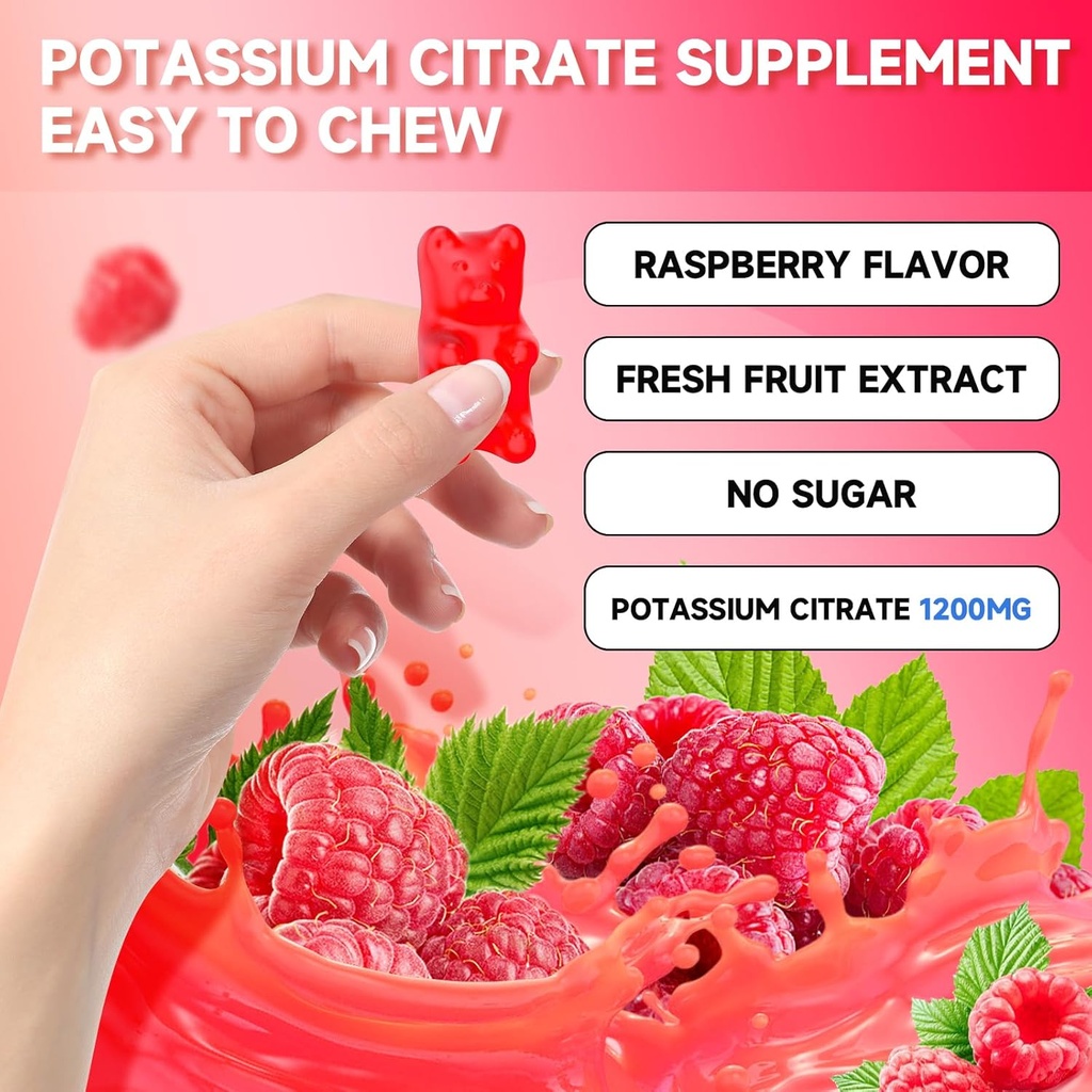 Potassium Citrate Gummies, High Potassium Supplement Gummies 1200mg Support Leg Cramps & Muscle Health, Potassium Gummies for Adults & Kids, Vegan, Raspberry Flavor 60 Count 6