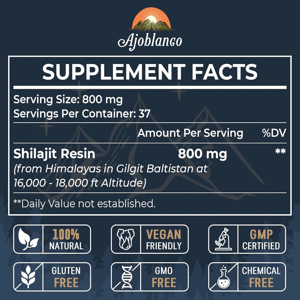 Ajoblanco 800 Mg Himalayan Shilajit Resin, Shilajit Pure Himalayan Organic, Shilajit Supplement with Purity, High Dosage & Potency for Energy, Strength & Immunity, Men & Women, 30 Grams 3