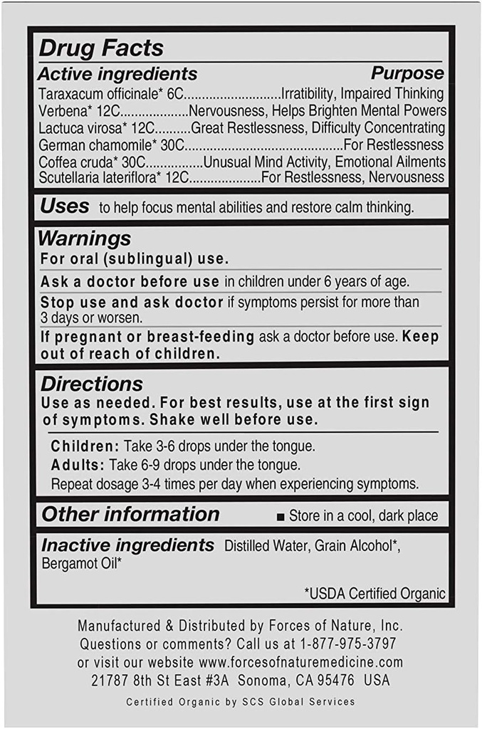 Forces of Nature Organic, Natural Focus More Brain Health Support with Dandelion & Wild Lettuce, Sublingual Tincture Helps Support Memory, Concentration, Non-GMO, 0.34 Fl Oz 6