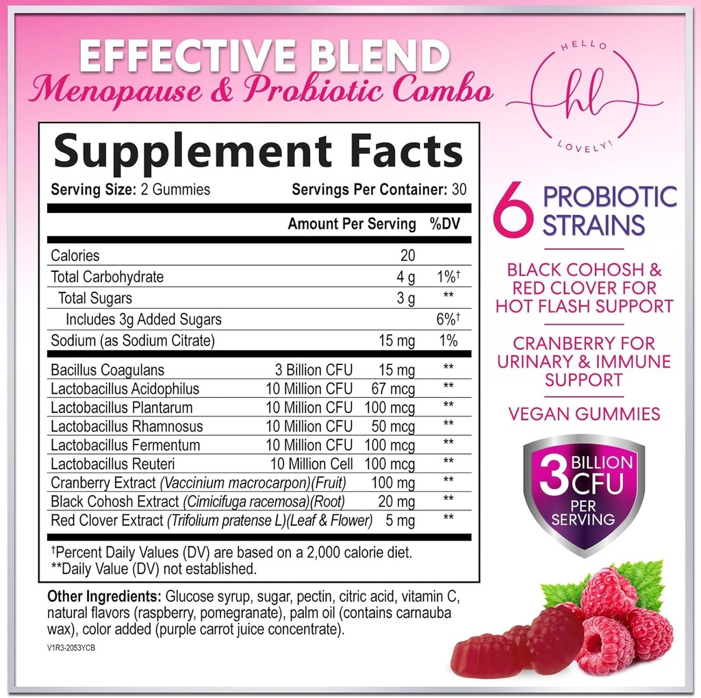 Menopause Supplements for Women Gummies - with Black Cohosh, Cranberry 3 Billion CFU Probiotics - Complete Menopause Relief Balance for Hot Flashes, Night Sweats, Vaginal Health Support - 60 Gummies 3