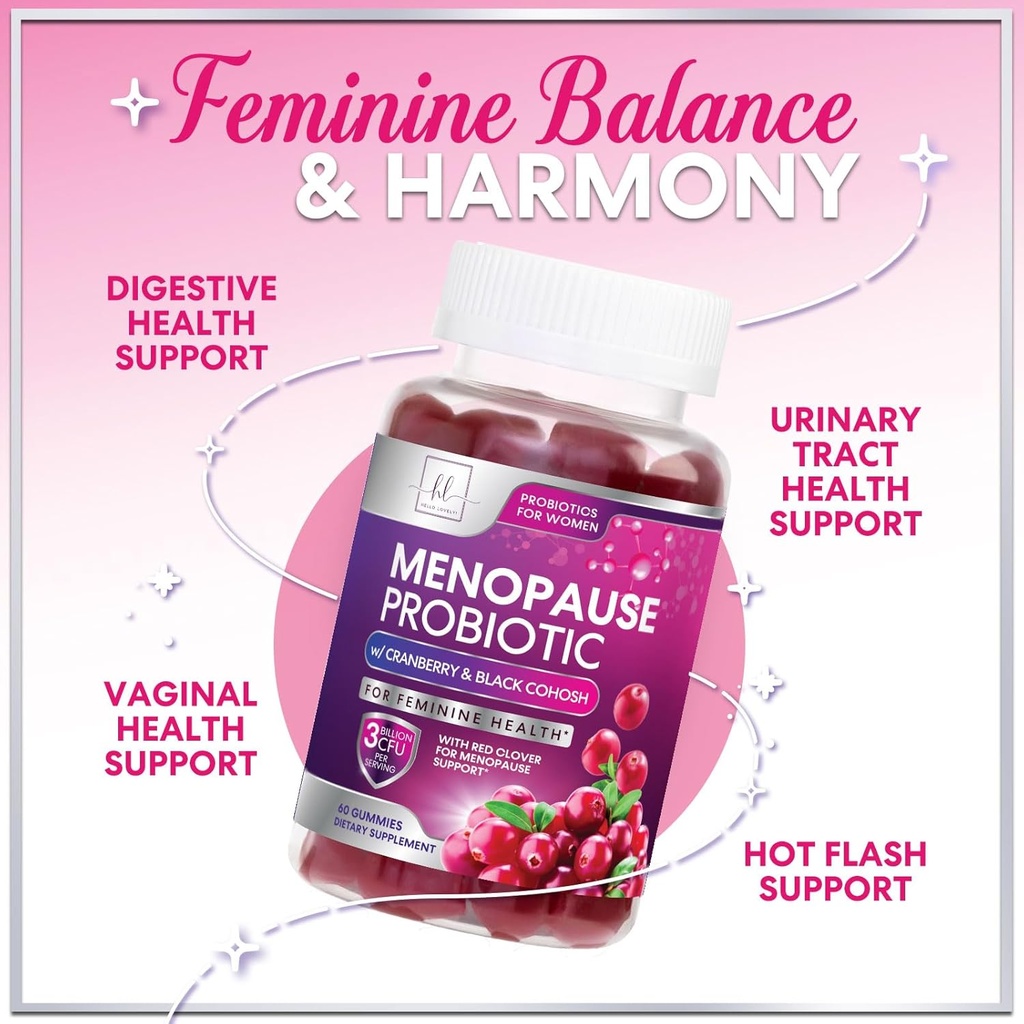 Menopause Supplements for Women Gummies - with Black Cohosh, Cranberry 3 Billion CFU Probiotics - Complete Menopause Relief Balance for Hot Flashes, Night Sweats, Vaginal Health Support - 60 Gummies 6