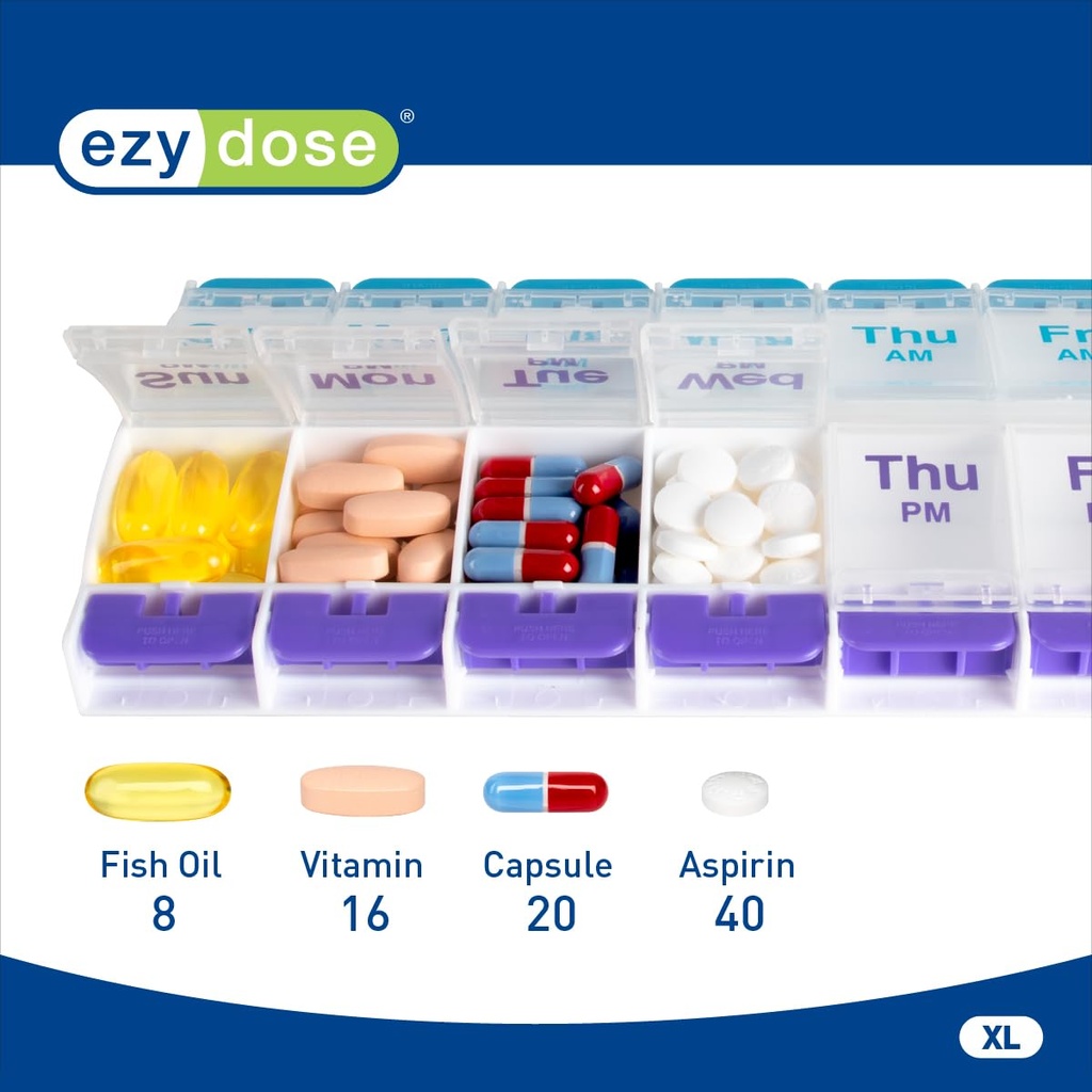 EZY DOSE Push Button (7-Day) Pill Case, Medicine Planner, Daily Vitamin Organizer, 2 Times a Day AM/PM, X-Large Compartments, Arthritis Friendly, Easy to use, Clear Lids, Purple and Blue, BPA Free 4